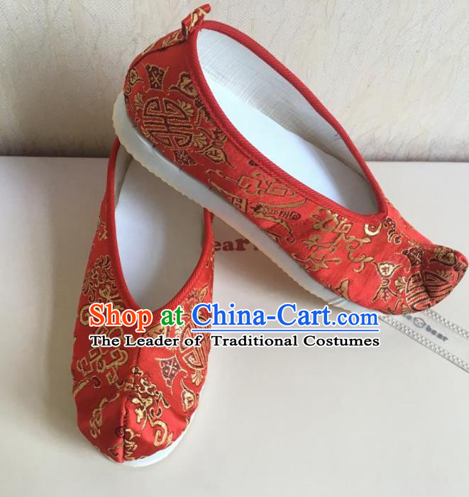 Traditional Chinese Ancient Han Dynasty Princess Embroidered Red Xiuhe Suit Blood Stained Shoes, China Handmade Hanfu Embroidery Wedding Shoes for Women