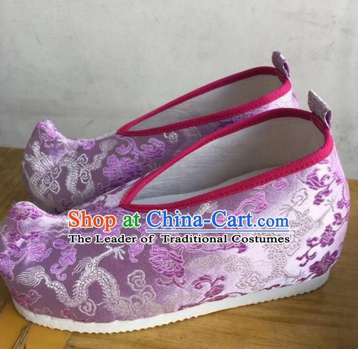 Traditional Chinese Ancient Swordsman Purple Blood Stained Shoes, China Handmade Peking Opera Hanfu Embroidery Shoes for Women
