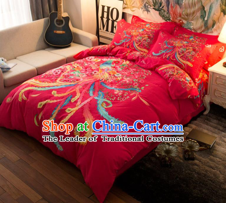 Traditional Chinese Style Wedding Bedding Article Embroidery Dragon and Phoenix Sheet and Duvet Cover Red Textile Bedding Suit