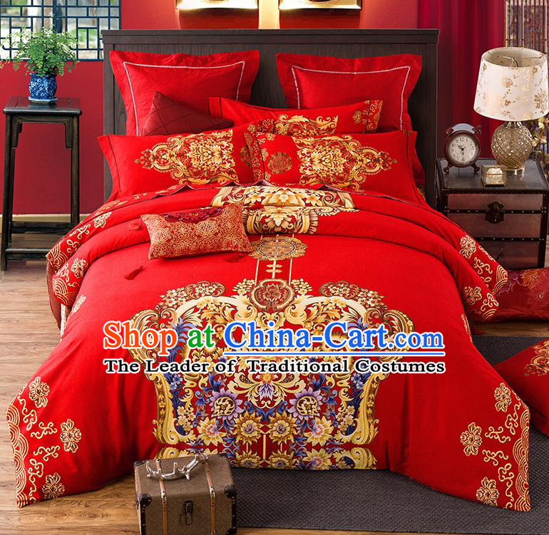 Traditional Chinese Style Wedding Bedding Set, China National Marriage Printing Flowers Red Textile Bedding Sheet Quilt Cover Complete Set