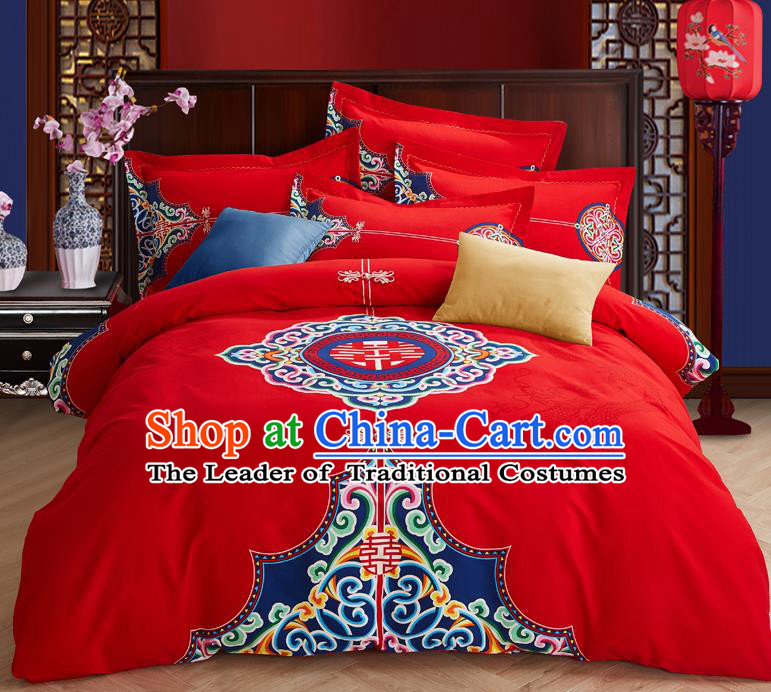 Traditional Chinese Style Wedding Bedding Set, China National Marriage Printing Xi Character Red Textile Bedding Sheet Quilt Cover Complete Set