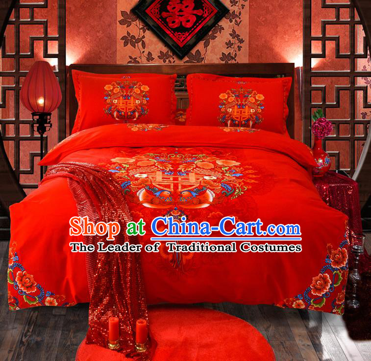 Traditional Chinese Style Wedding Bedding Set, China National Marriage Printing Mandarin Duck Red Satin Textile Bedding Sheet Quilt Cover Four-piece suit