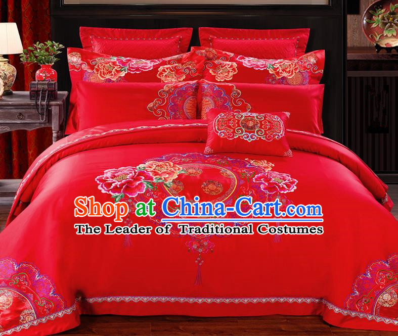 Traditional Chinese Style Wedding Bedding Set, China National Marriage Embroidery Peony Red Textile Bedding Sheet Quilt Cover Ten-piece suit