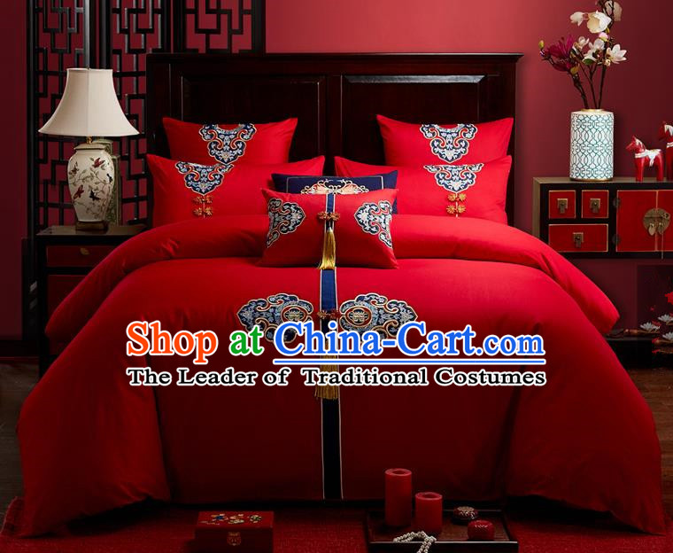 Traditional Chinese Style Wedding Bedding Set, China National Marriage  Embroidery Red Textile Bedding Sheet Quilt Cover Six-piece suit