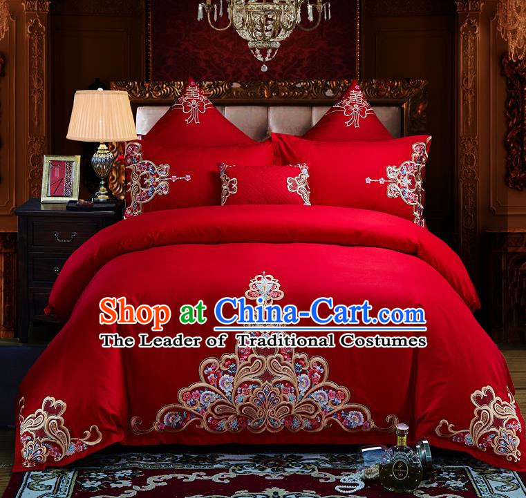 Traditional Chinese Style Wedding Bedding Set, China National Marriage Embroidery Flowers Red Textile Bedding Sheet Quilt Cover Seven-piece suit