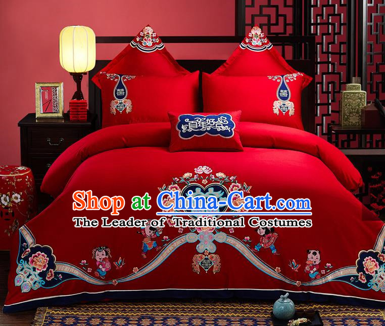 Traditional Chinese Style Wedding Bedding Set, China National Marriage Embroidery Love for All Seasons Red Textile Bedding Sheet Quilt Cover Seven-piece suit