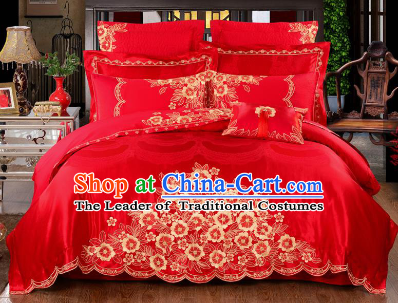 Traditional Chinese Style Marriage Bedding Set Embroidered Flowers Wedding Celebration Red Satin Drill Textile Bedding Sheet Quilt Cover Ten-piece Suit