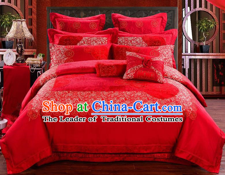 Traditional Chinese Style Marriage Bedding Set Embroidered Rose Wedding Celebration Red Satin Drill Textile Bedding Sheet Quilt Cover Eleven-piece Suit