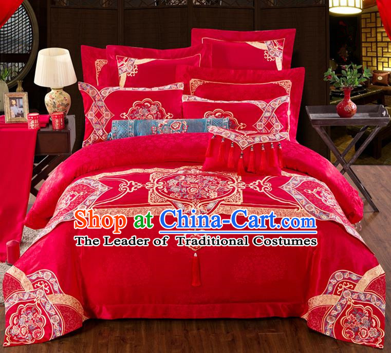 Traditional Chinese Style Marriage Embroidered Bedding Set Wedding Celebration Red Satin Drill Textile Bedding Sheet Quilt Cover Eleven-piece Suit