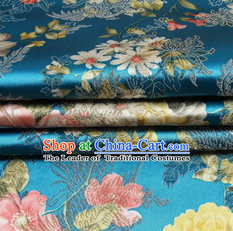 Chinese Royal Palace Traditional Costume Peony Pattern Blue Satin Brocade Fabric, Chinese Ancient Clothing Drapery Hanfu Cheongsam Material