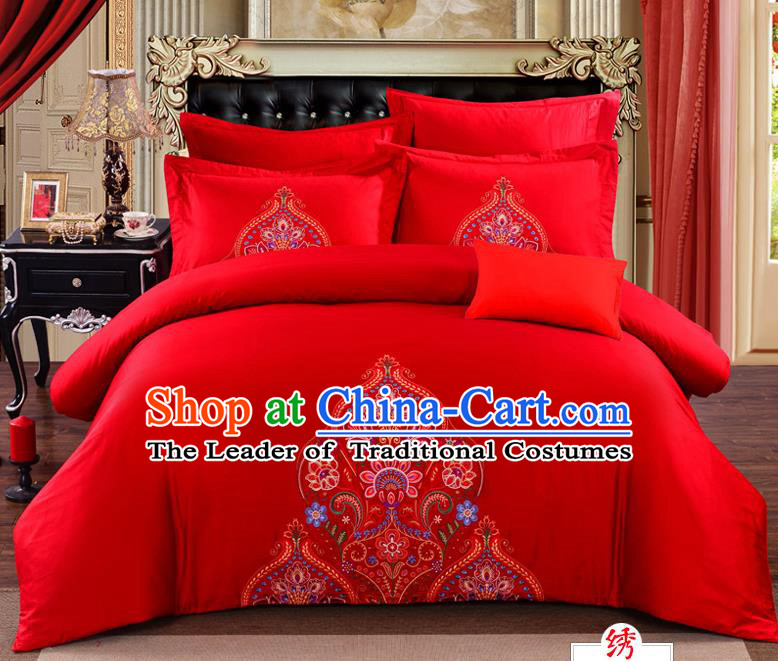 Traditional Chinese Style Marriage Bedding Set, China National Printing Peony Wedding Red Textile Bedding Sheet Quilt Cover Seven-piece suit