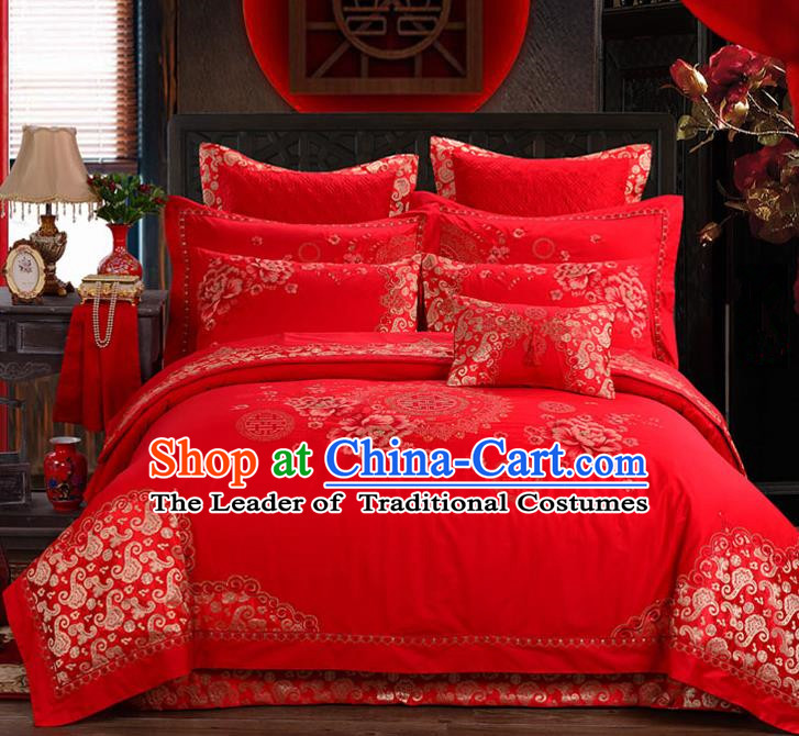 Traditional Chinese Style Marriage Bedding Set Printing Peony Wedding Red Satin Textile Bedding Sheet Quilt Cover Ten-piece Suit