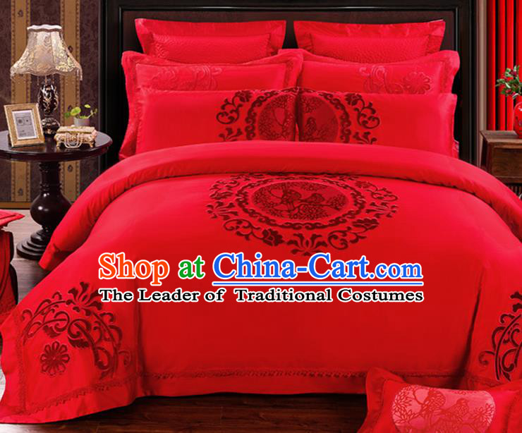 Traditional Chinese Style Marriage Bedding Set Embroidered Magpie Wedding Red Satin Drill Textile Bedding Sheet Quilt Cover Ten-piece Suit