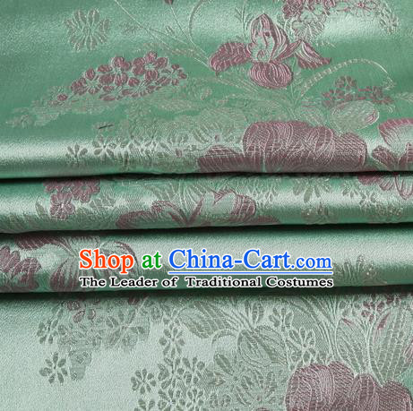 Chinese Royal Palace Traditional Costume Peony Pattern Green Satin Brocade Fabric, Chinese Ancient Clothing Drapery Hanfu Cheongsam Material