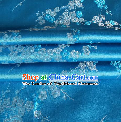 Chinese Royal Palace Traditional Costume Wintersweet Pattern Blue Satin Brocade Fabric, Chinese Ancient Clothing Drapery Hanfu Cheongsam Material