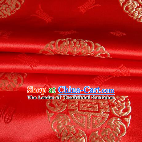Chinese Royal Palace Traditional Costume Fu Character Pattern Red Satin Brocade Fabric, Chinese Ancient Clothing Drapery Hanfu Cheongsam Material