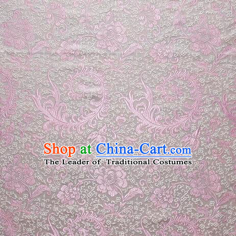 Chinese Royal Palace Traditional Costume Pink Pteris Pattern White Satin Brocade Fabric, Chinese Ancient Clothing Drapery Hanfu Cheongsam Material