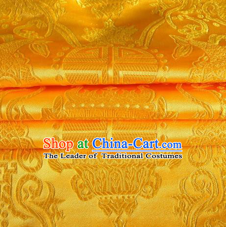 Chinese Traditional Costume Royal Palace Pattern Golden Satin Brocade Fabric, Chinese Ancient Clothing Drapery Hanfu Cheongsam Material
