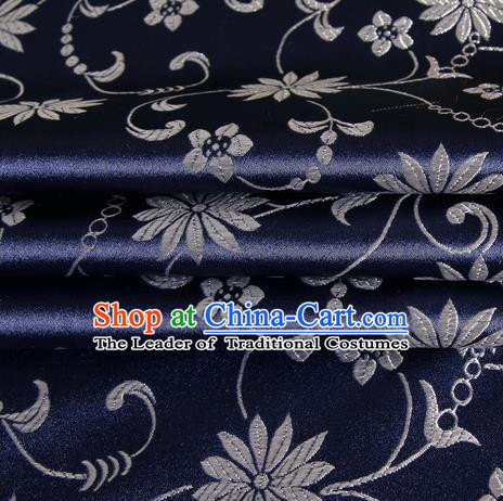 Chinese Traditional Costume Royal Palace Lotus Pattern Deep Blue Satin Brocade Fabric, Chinese Ancient Clothing Drapery Hanfu Cheongsam Material