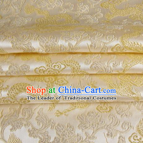 Chinese Traditional Costume Royal Palace Golden Dragon Pattern White Satin Brocade Fabric, Chinese Ancient Clothing Drapery Hanfu Cheongsam Material