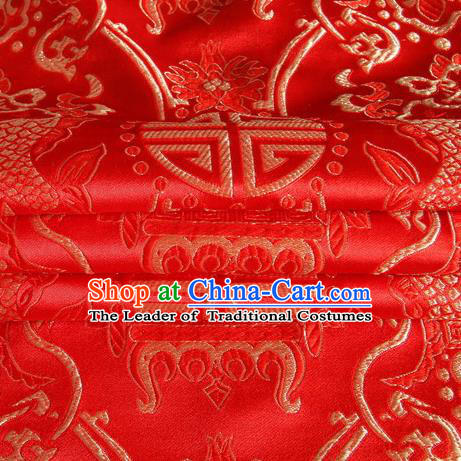 Chinese Traditional Costume Royal Palace Fishes Pattern Red Satin Brocade Fabric, Chinese Ancient Clothing Drapery Hanfu Cheongsam Material