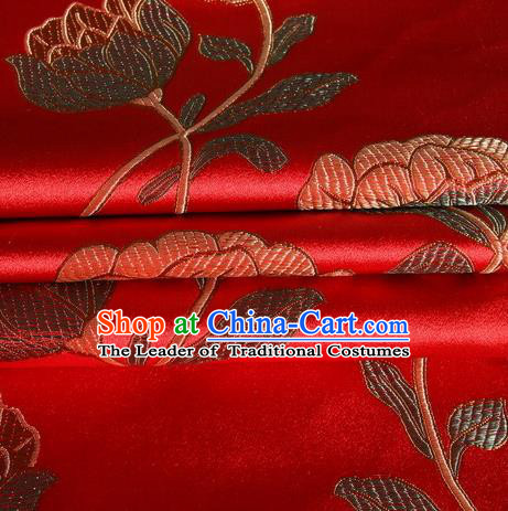 Chinese Royal Palace Traditional Costume Lotus Pattern Red Satin Brocade Fabric, Chinese Ancient Clothing Drapery Hanfu Cheongsam Material