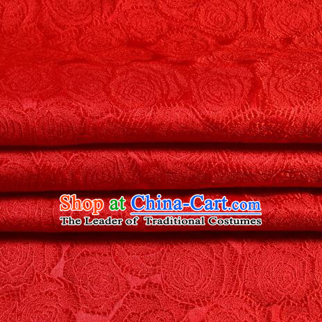 Chinese Traditional Costume Royal Palace Roses Pattern Red Satin Brocade Fabric, Chinese Ancient Clothing Drapery Hanfu Cheongsam Material