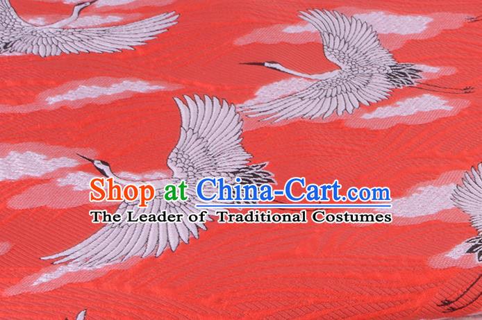 Chinese Traditional Costume Royal Palace Jacquard Weave Crane Red Brocade Kimono Fabric, Chinese Ancient Clothing Drapery Hanfu Cheongsam Material