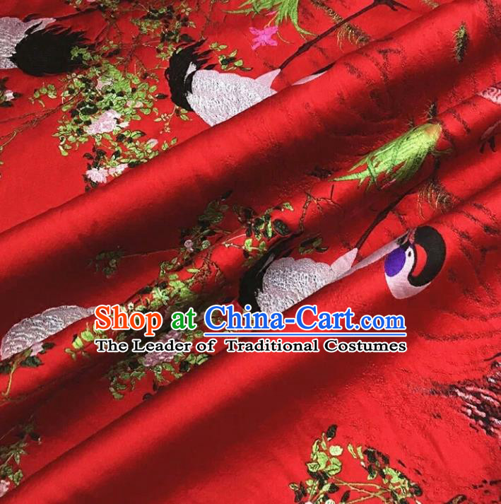 Chinese Traditional Costume Royal Palace Jacquard Weave Crane Red Brocade Fabric, Chinese Ancient Clothing Drapery Hanfu Cheongsam Material
