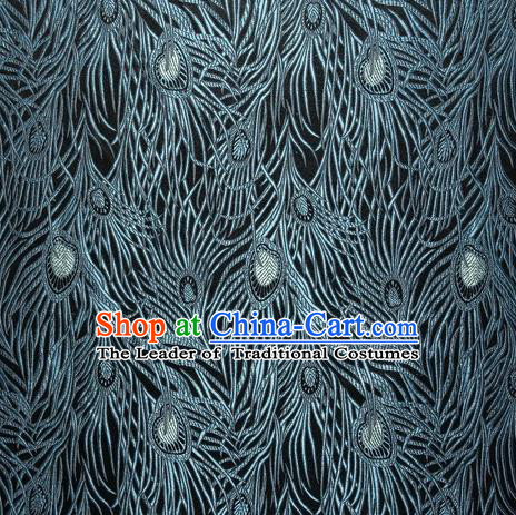 Chinese Traditional Costume Royal Palace Blue Peacock Feather Pattern Black Satin Brocade Fabric, Chinese Ancient Clothing Drapery Hanfu Cheongsam Material