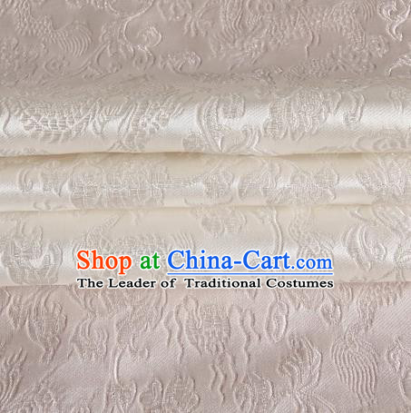 Chinese Traditional Costume Royal Palace Dragons Pattern White Satin Brocade Fabric, Chinese Ancient Clothing Drapery Hanfu Cheongsam Material