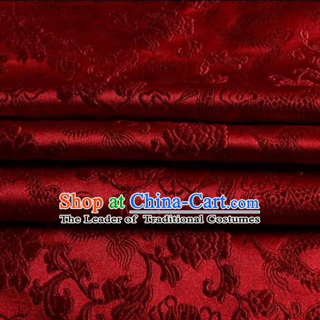 Chinese Traditional Costume Royal Palace Dragons Pattern Purplish Red Satin Brocade Fabric, Chinese Ancient Clothing Drapery Hanfu Cheongsam Material