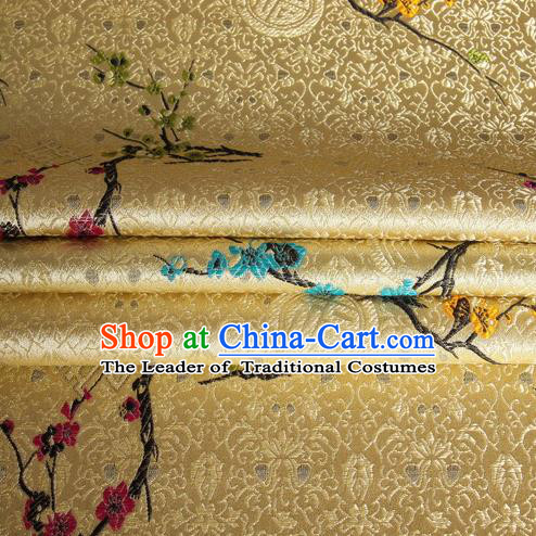 Chinese Traditional Costume Royal Palace Wintersweet Pattern Mud Golden Satin Brocade Fabric, Chinese Ancient Clothing Drapery Hanfu Cheongsam Material