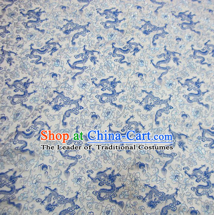 Chinese Traditional Costume Royal Palace Blue and White Porcelain Dragons Pattern Satin Brocade Fabric, Chinese Ancient Clothing Drapery Hanfu Cheongsam Material