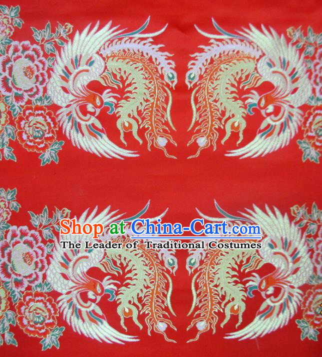 Chinese Traditional Costume Royal Palace Phoenix Pattern Red Satin Nanjing Brocade Fabric, Chinese Ancient Clothing Drapery Hanfu Cheongsam Material