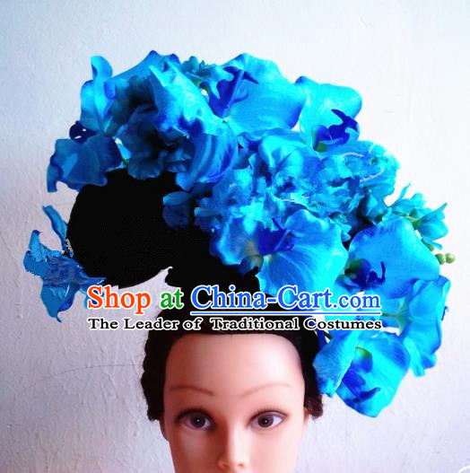 Asian Traditional China Blue Flowers Headpiece and Wig Model Show Headdress Ceremonial Occasions Handmade Hair Accessories