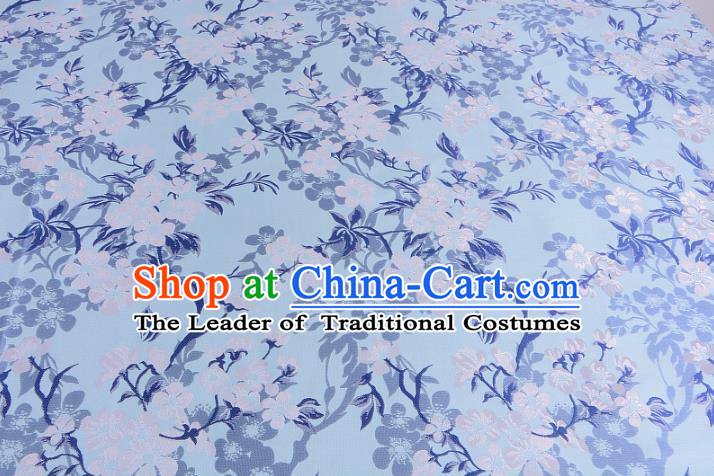 Chinese Traditional Costume Royal Palace Wintersweet Pattern Blue Brocade Fabric, Chinese Ancient Clothing Drapery Hanfu Cheongsam Material
