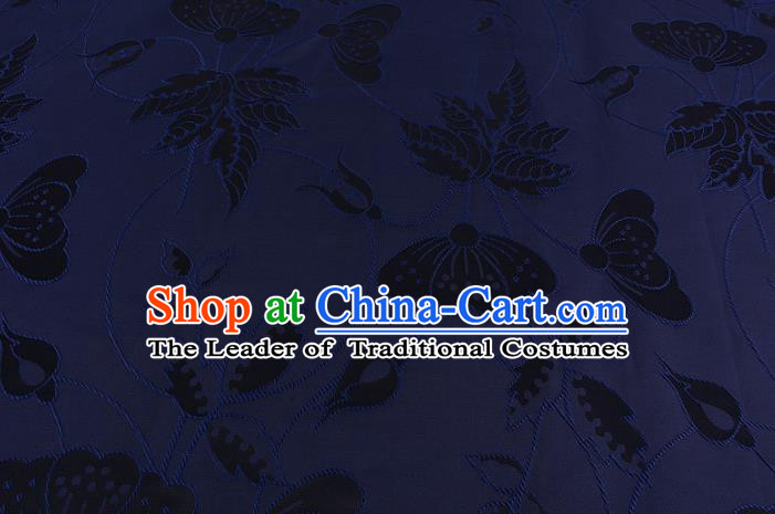 Chinese Traditional Costume Royal Palace Butterfly Pattern Navy Brocade Fabric, Chinese Ancient Clothing Drapery Hanfu Cheongsam Material