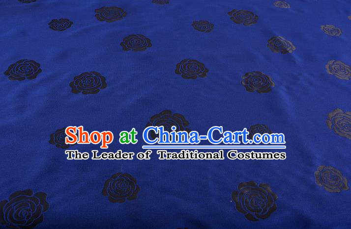 Chinese Traditional Costume Royal Palace Rose Pattern Blue Satin Brocade Fabric, Chinese Ancient Clothing Drapery Hanfu Cheongsam Material