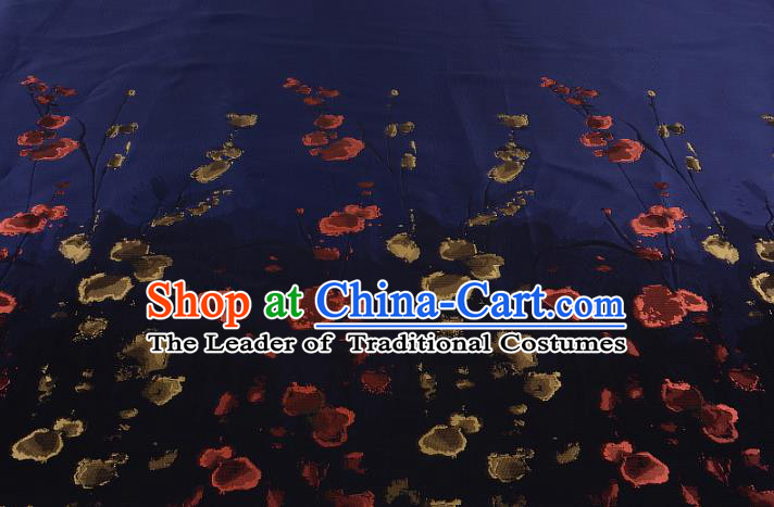 Chinese Traditional Costume Royal Palace Printing Flowers Navy Satin Brocade Fabric, Chinese Ancient Clothing Drapery Hanfu Cheongsam Material