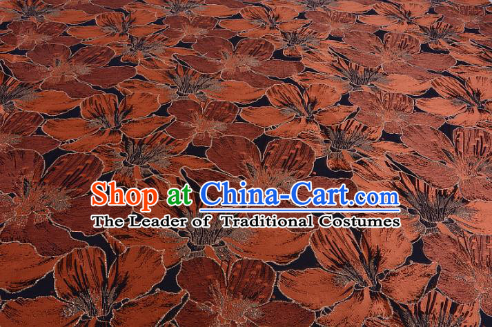 Chinese Traditional Costume Royal Palace Printing Orange Lily Flowers Black Satin Brocade Fabric, Chinese Ancient Clothing Drapery Hanfu Cheongsam Material