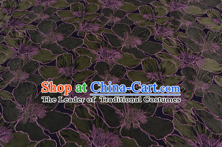 Chinese Traditional Costume Royal Palace Printing Green Lily Flowers Black Satin Brocade Fabric, Chinese Ancient Clothing Drapery Hanfu Cheongsam Material