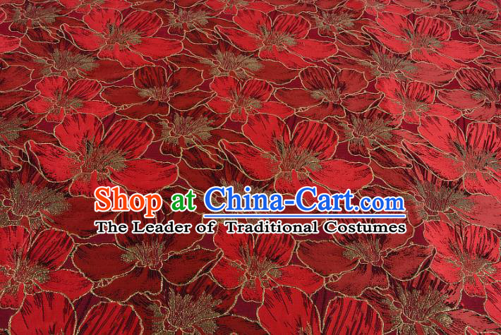 Chinese Traditional Costume Royal Palace Printing Red Lily Flowers Black Satin Brocade Fabric, Chinese Ancient Clothing Drapery Hanfu Cheongsam Material