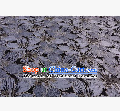 Chinese Traditional Costume Royal Palace Printing Grey Lily Flowers Black Satin Brocade Fabric, Chinese Ancient Clothing Drapery Hanfu Cheongsam Material