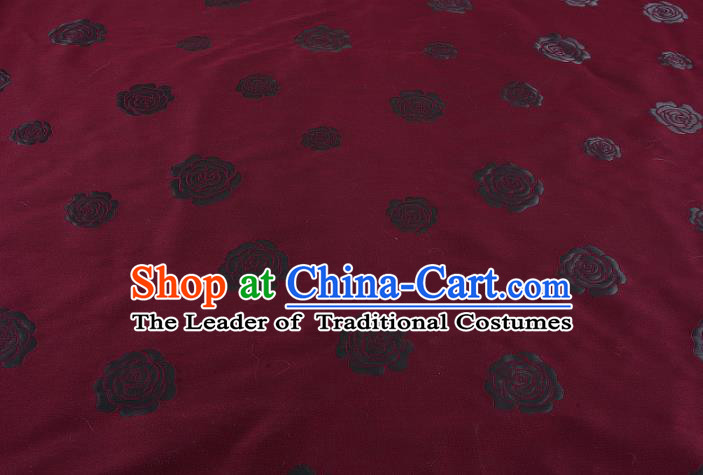 Chinese Traditional Costume Royal Palace Rose Pattern Wine Red Satin Brocade Fabric, Chinese Ancient Clothing Drapery Hanfu Cheongsam Material