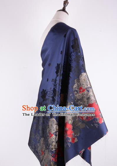 Chinese Traditional Costume Royal Palace Printing Flowers Pattern Deep Blue Brocade Fabric, Chinese Ancient Clothing Drapery Hanfu Cheongsam Material
