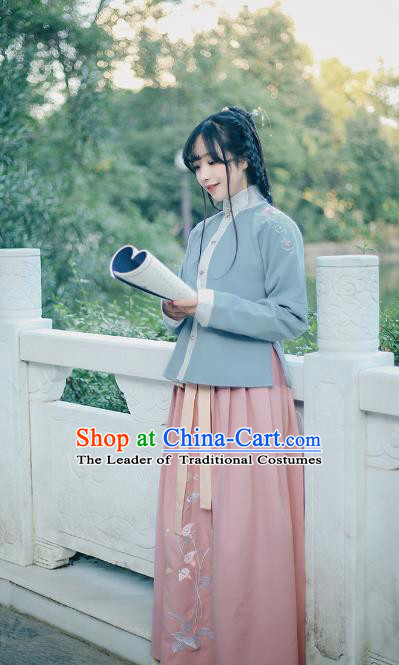 Traditional Chinese Ancient Ming Dynasty Palace Princess Embroidered Costume Blouse and Skirt Complete Set for Women