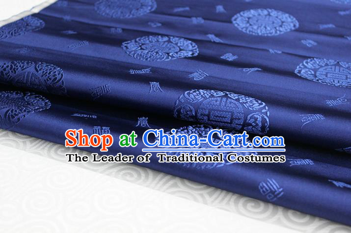 Chinese Traditional Royal Palace Longevity Pattern Mongolian Robe Deep Blue Satin Brocade Fabric, Chinese Ancient Costume Drapery Hanfu Tang Suit Material