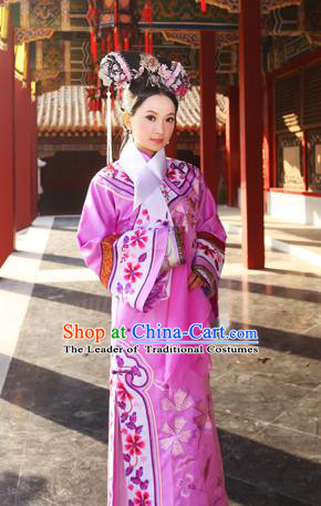 Traditional Ancient Chinese Imperial Consort Costume, Chinese Qing Dynasty Manchu Pink Dress, Cosplay Chinese Mandchous Imperial Princess Embroidered Clothing for Women