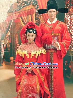 Traditional Ancient Chinese Emperess and Emperor Costume Complete Set, Chinese Han Dynasty Bride and Bridegroom Wedding Red Dress, Chinese Emperess Emperor Trailing Clothing for Women for Men